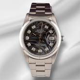 Rolex Date 34mm Ladies Grey Palm Diamond Dial Oyster Steel Watch 15000
